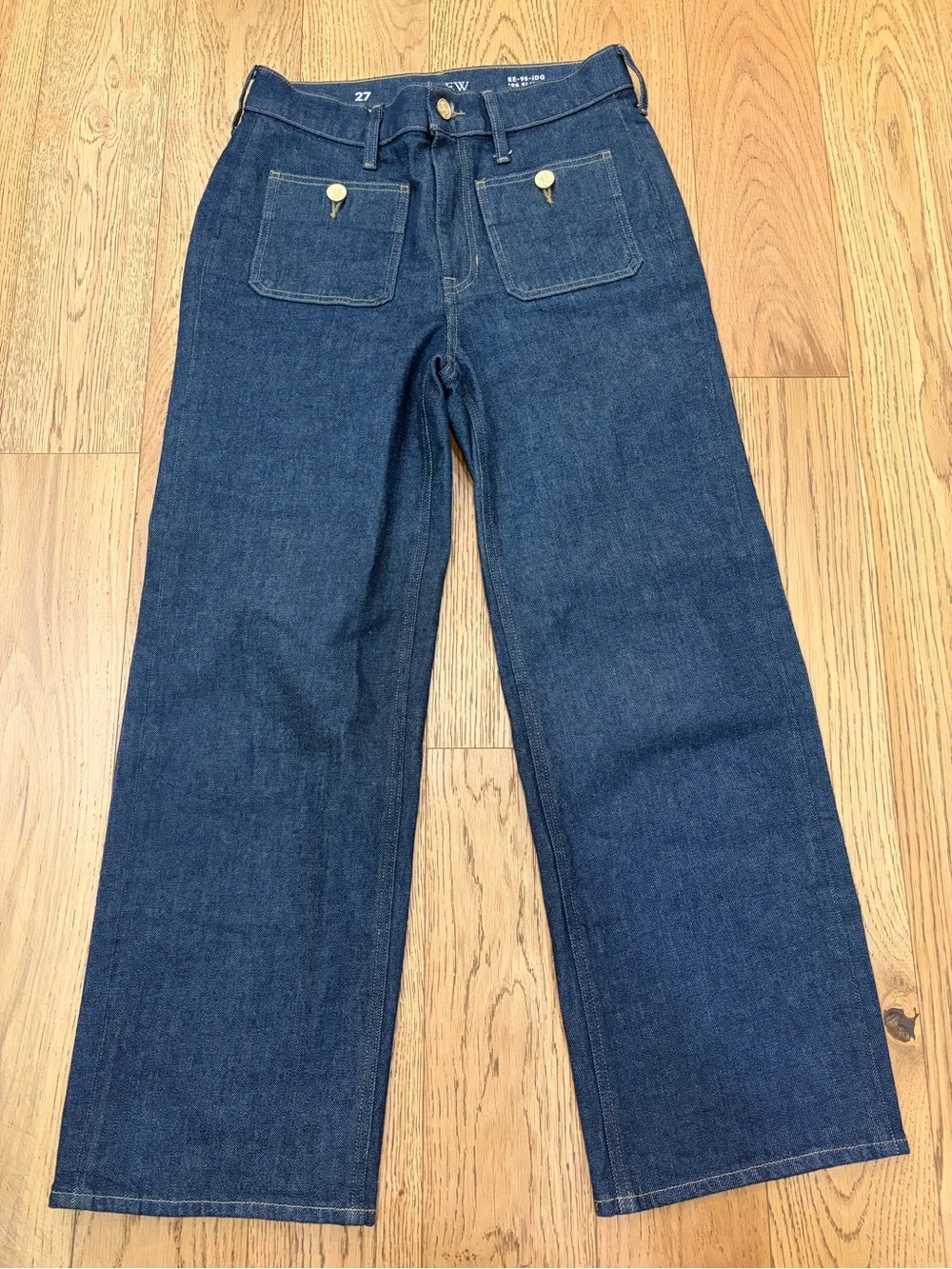 J. Crew 96 slim High-Rise Wide Leg TrouserJeans with gold button detail sz 27